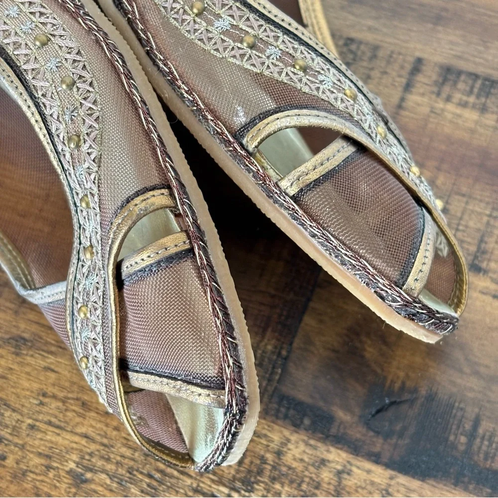 Prevata Gold and Brown Mesh Peep-Toe Wedge Size 6